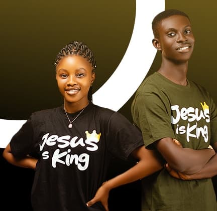 Two models wearing ADULLAM “Jesus Is King” T-shirts in black and olive.